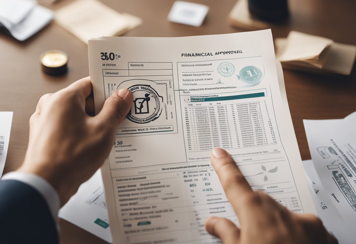 Uma mão segurando um documento com um carimbo de aprovação, cercada por símbolos e ícones financeiros.