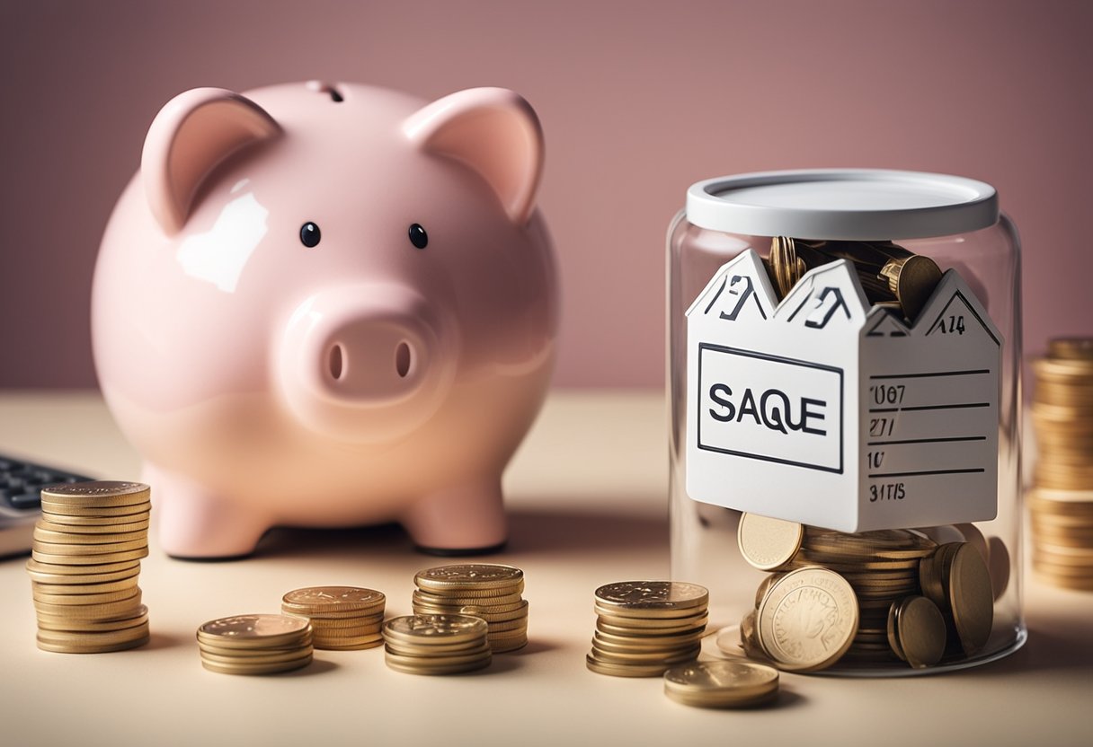 Um logo de banco cercado por imagens de um cofrinho, um calendário e um aperto de mão, representando o conceito de entender o FGTS e o Saque-Aniversário para um empréstimo.