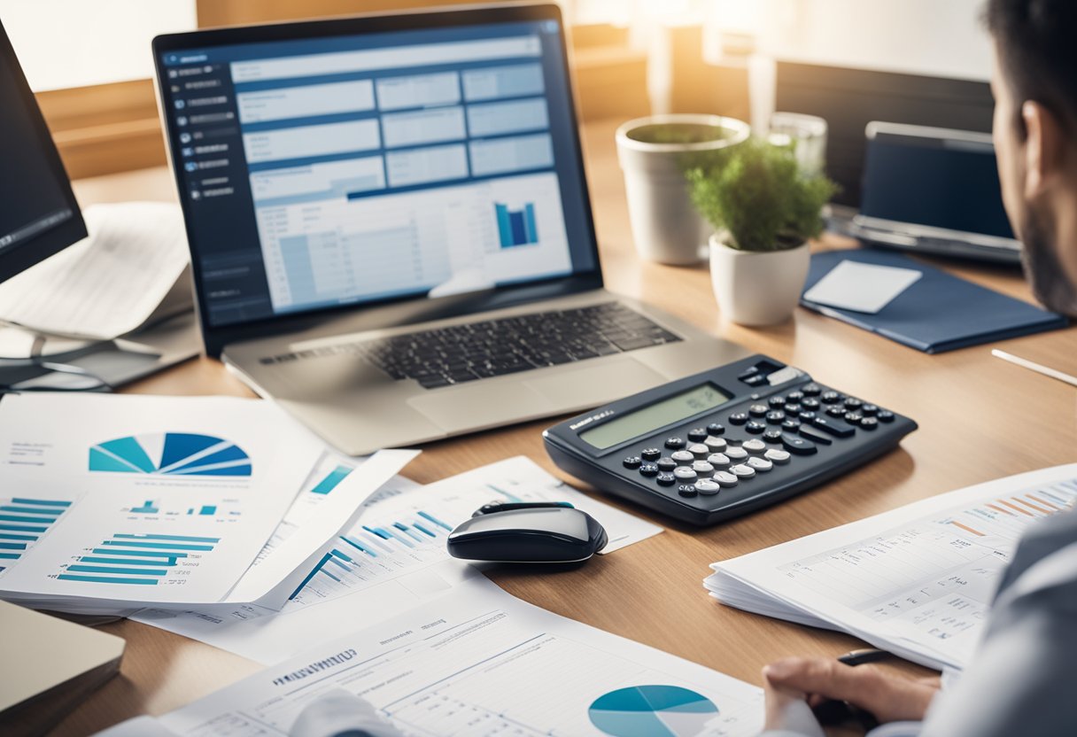 Uma pessoa sentada em uma mesa, preenchendo papéis com um computador e uma calculadora próximos, cercada por documentos financeiros e gráficos.