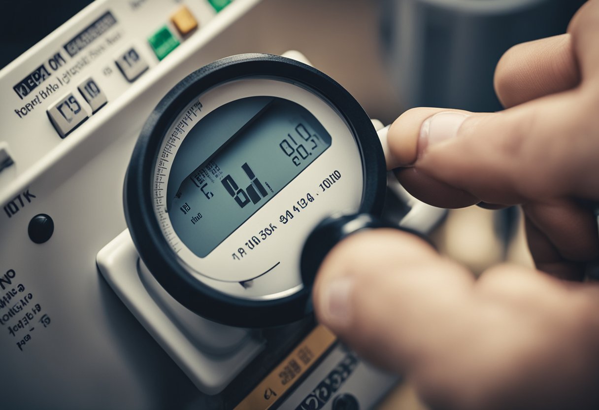 Uma mão inserindo uma nota em uma fenda de um medidor de utilidades, com uma lupa mostrando taxas de juros mais baixas em um empréstimo