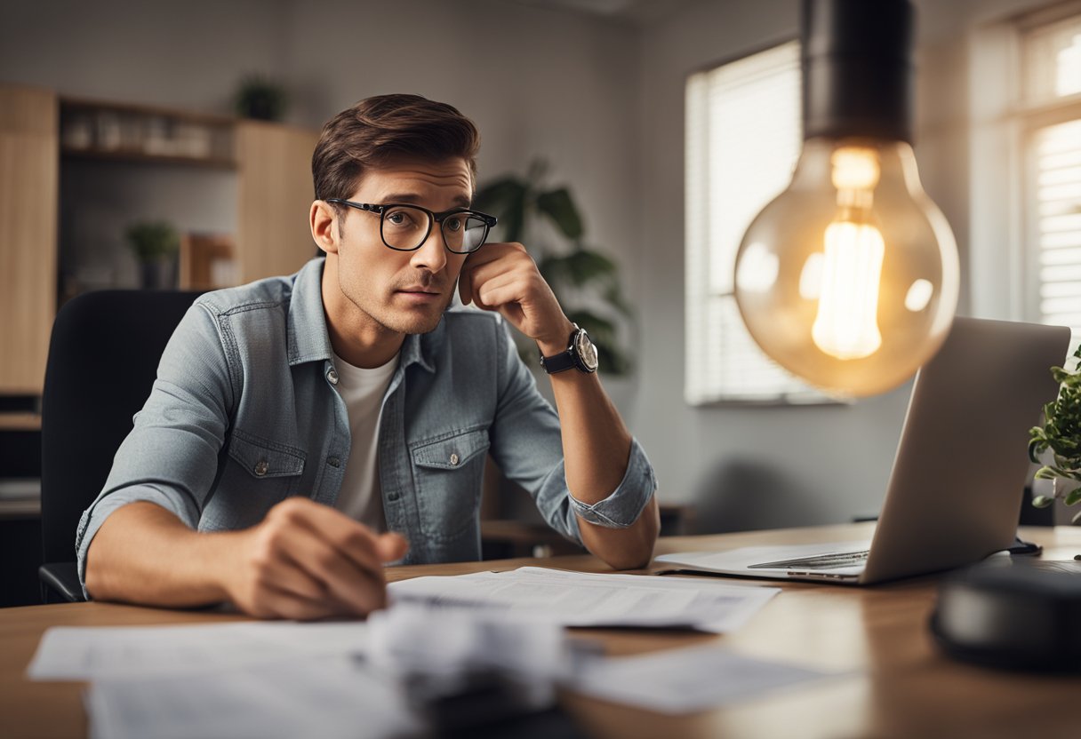Uma pessoa sentada em uma mesa, olhando para sua conta de luz com uma expressão perplexa, enquanto uma lâmpada paira acima de sua cabeça.