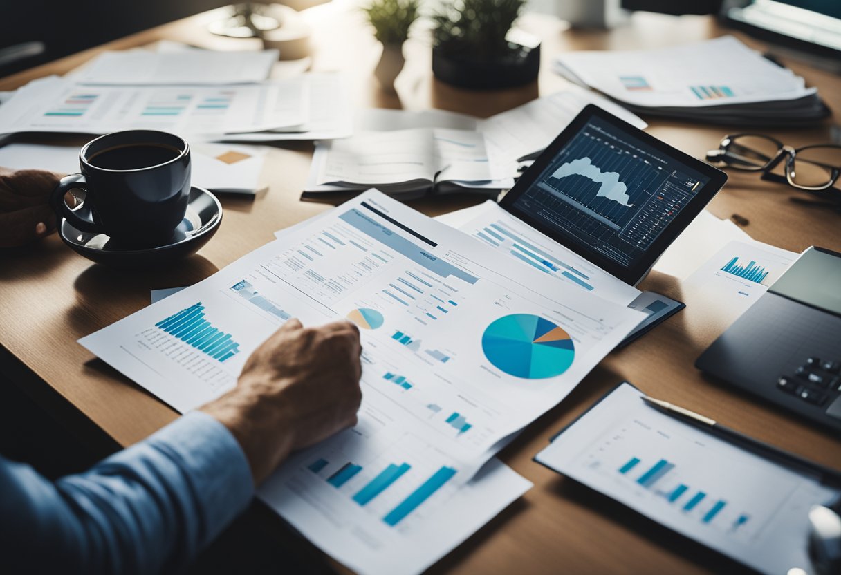 Uma pessoa em uma mesa revisando documentos com uma lâmpada acima, cercada por gráficos e tabelas