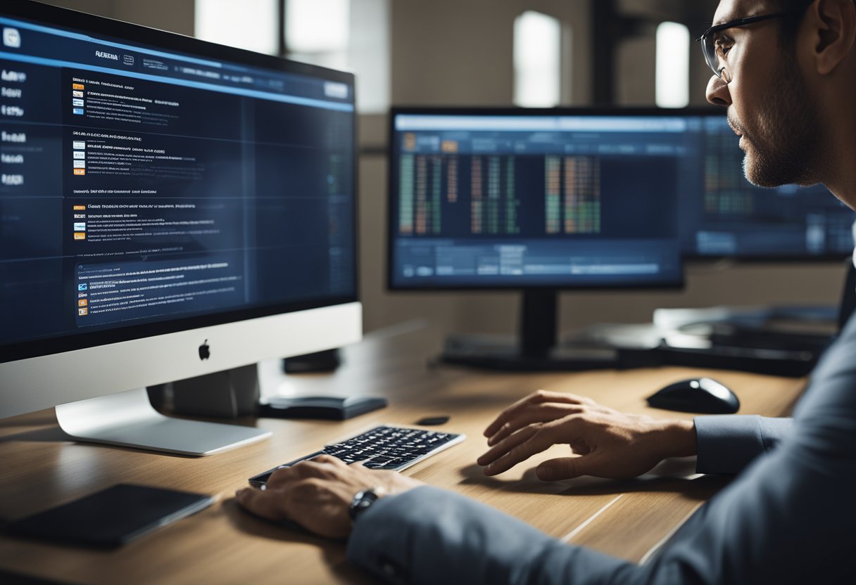 Uma pessoa sentada em uma mesa, olhando para uma tela de computador exibindo o site do Banco Inter, com várias taxas e condições de empréstimo listadas.