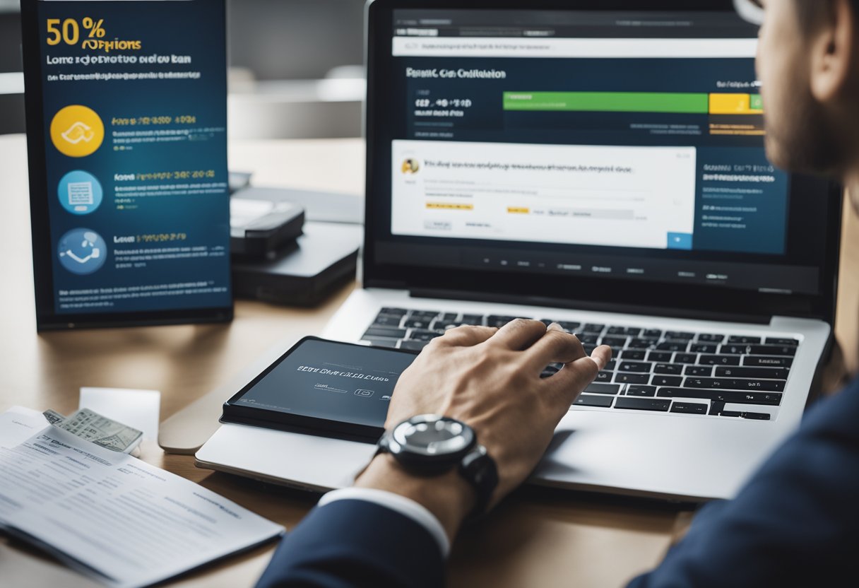 Uma pessoa em uma mesa, usando um laptop para explorar opções de empréstimo no site do Banco Inter, com taxas de juros e condições exibidas na tela.