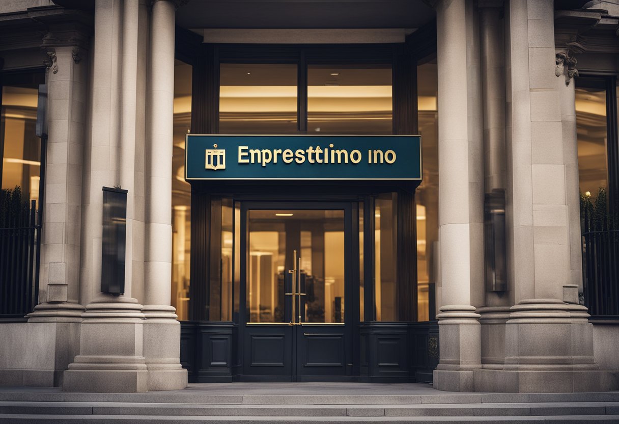 Um prédio de banco com uma placa exibindo "Empréstimo no Banco Inter" e um gráfico mostrando diferentes opções de empréstimo e taxas de juros.