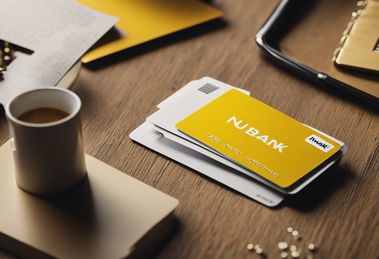 Um cartão de crédito Nubank amarelo brilhante está em uma mesa bagunçada, cercado por papéis espalhados e a expressão confusa no rosto de uma pessoa.