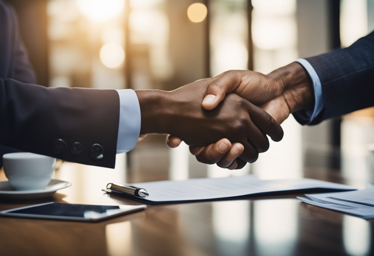 Uma mão apertando a mão de um pequeno empresário enquanto entrega um documento de empréstimo