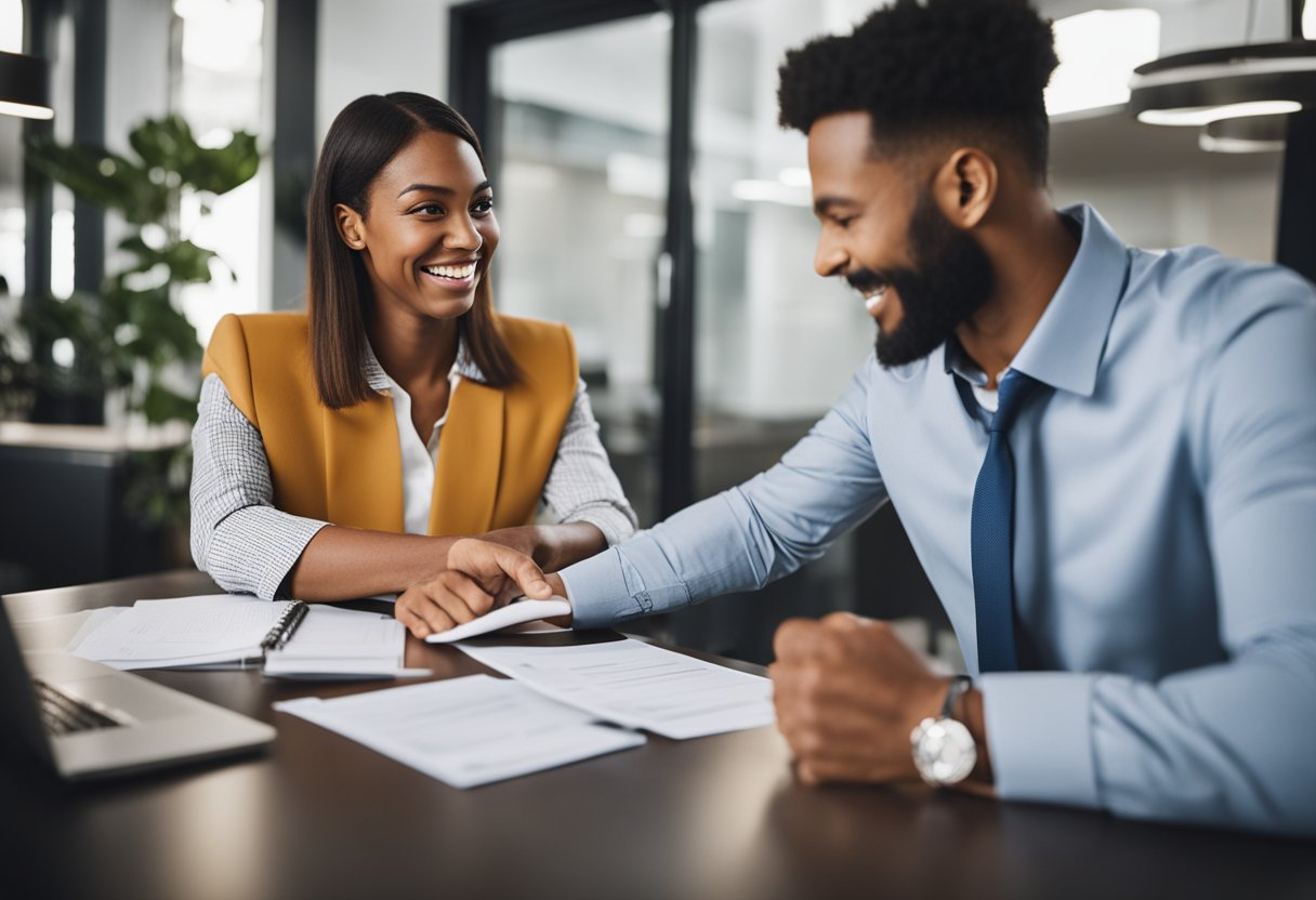 Um pequeno empresário recebendo a aprovação de um empréstimo de um representante do banco