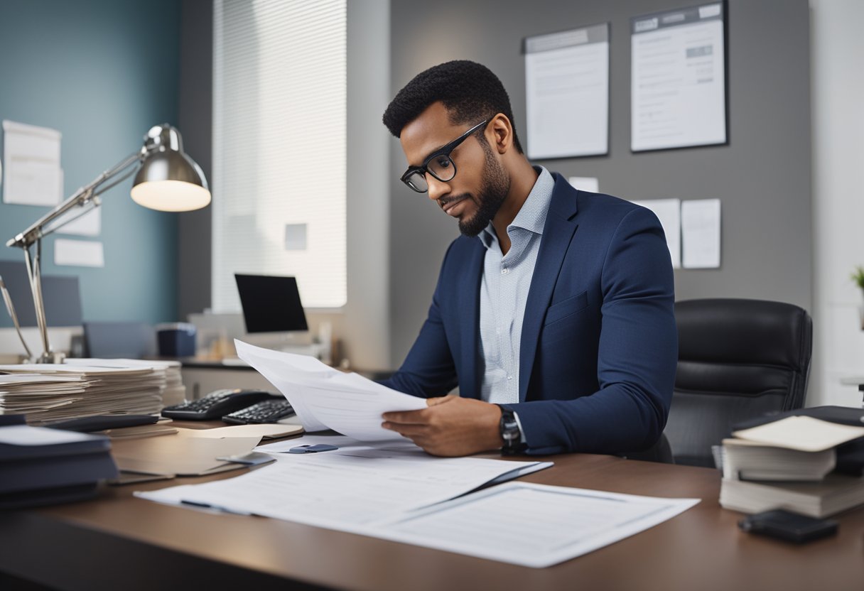 Um pequeno empresário está sentado em uma mesa, cercado por papéis e documentos financeiros. Um representante do banco está próximo, discutindo os requisitos para o empréstimo.