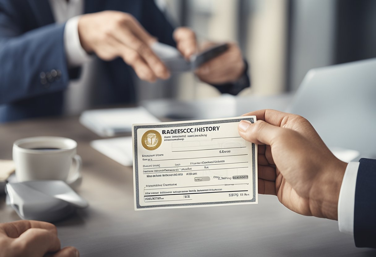 Uma pessoa com um histórico de crédito negativo recebendo a aprovação de um empréstimo do Bradesco, com um representante explicando o processo.