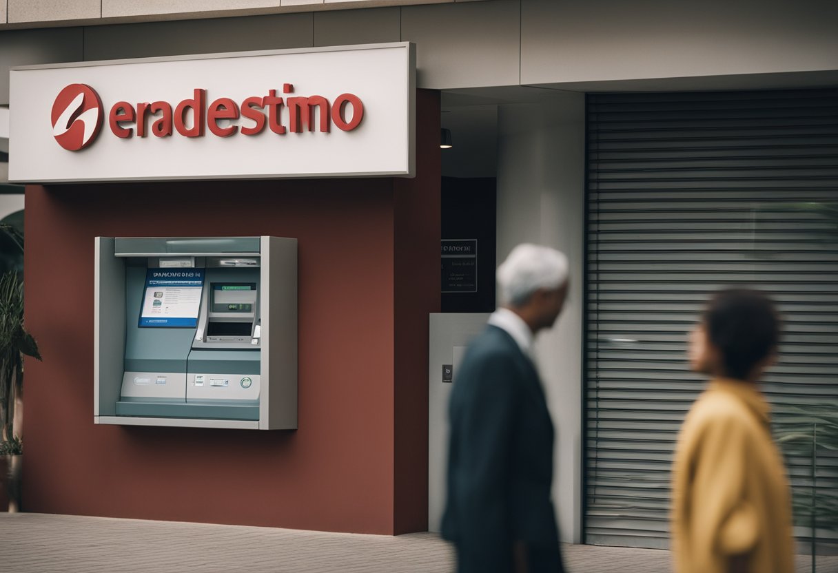 Uma pessoa com uma expressão de descontentamento na face, em pé em frente a uma agência do banco Bradesco, olhando para uma placa que diz "Empréstimo para Negativados".