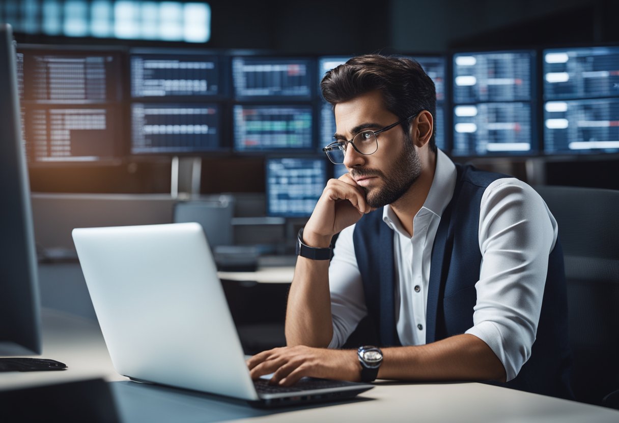 Uma pessoa com uma expressão preocupada olhando para uma tela de computador, cercada por documentos financeiros e o logo do banco Bradesco.