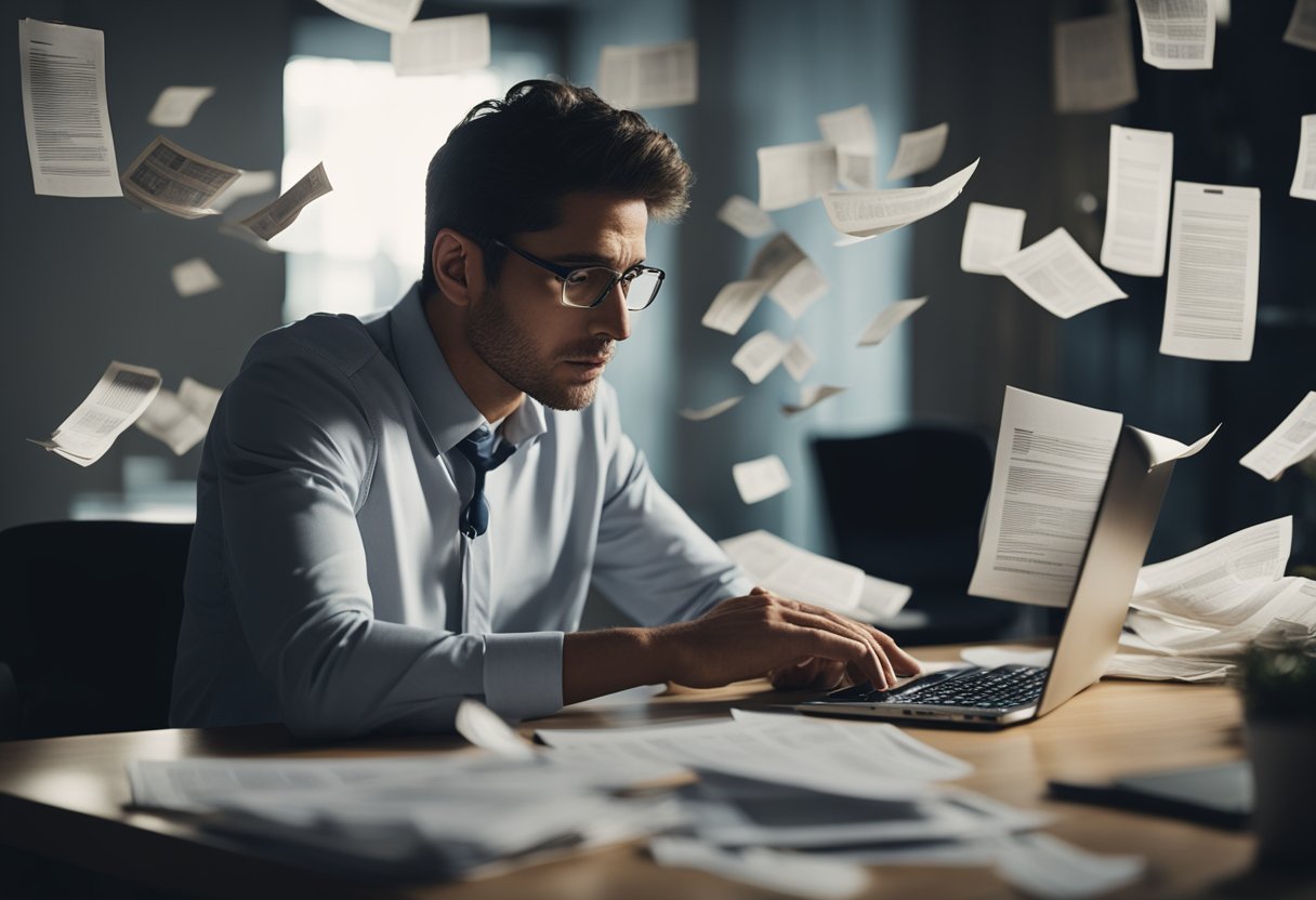 Uma pessoa com uma expressão preocupada olhando para uma tela de computador com documentos financeiros espalhados ao seu redor.