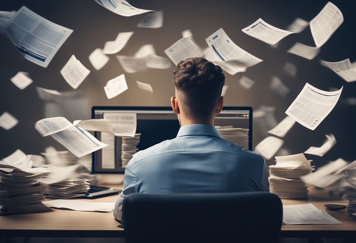 Uma pessoa com uma expressão preocupada olhando para uma tela de computador com documentos financeiros espalhados ao seu redor.