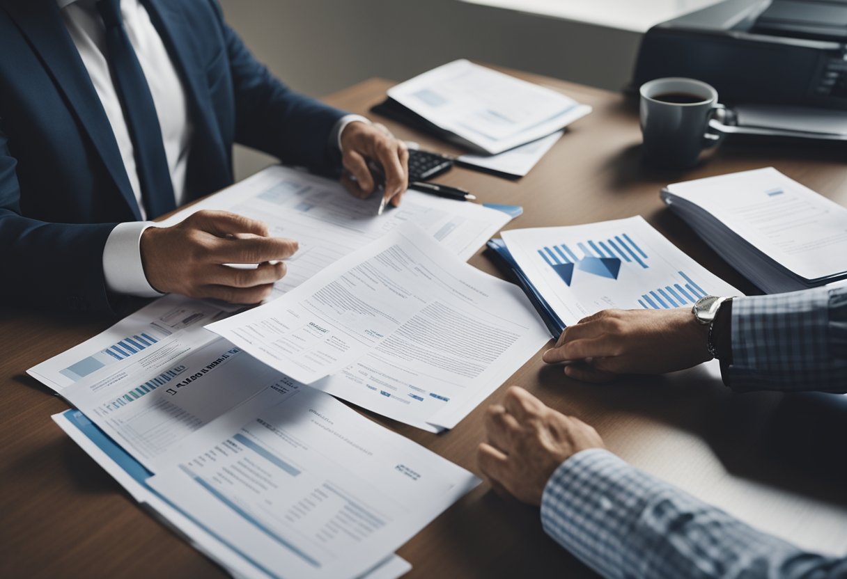 Uma pessoa sentada em uma mesa, cercada por papéis e documentos financeiros. Ela está cuidadosamente comparando diferentes ofertas de empréstimo de instituições respeitáveis, com um senso de determinação e foco.