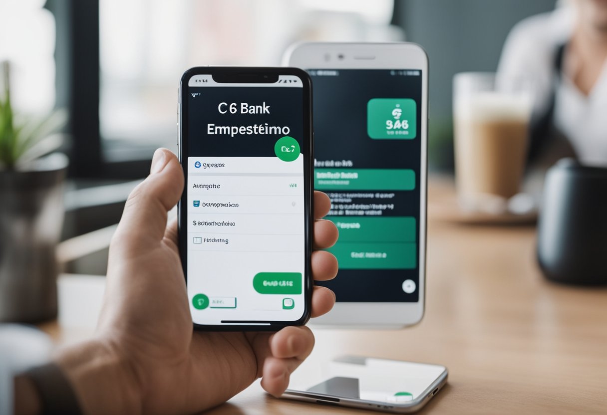 Uma pessoa usando um smartphone para acessar o aplicativo do C6 Bank, selecionando a opção "Empréstimo Saque de Aniversário" e recebendo uma notificação da aprovação do empréstimo.