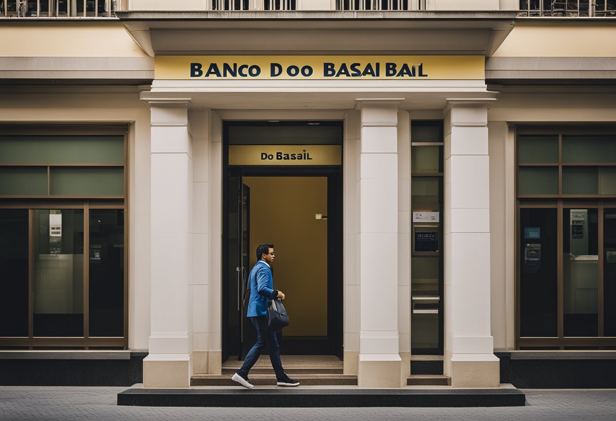 Uma pessoa saindo de uma agência do Banco do Brasil com uma conta fechada