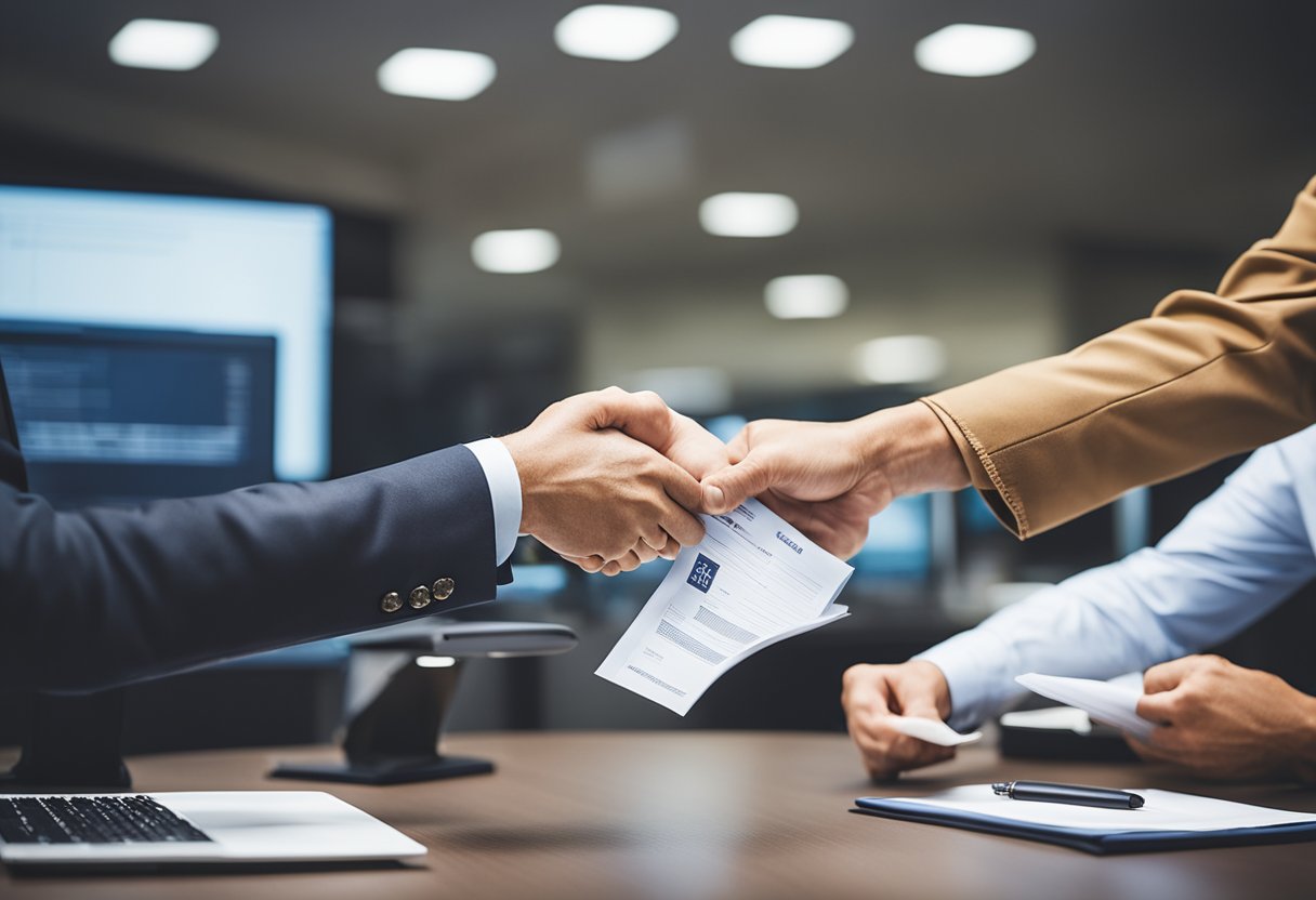 Uma pessoa entregando documentos a um caixa de banco, com um computador e papéis na mesa
