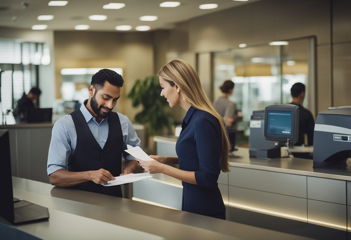 Um cliente apresentando documentos em uma agência do Banco do Brasil, um caixa processando o fechamento e o cliente recebendo a documentação final.