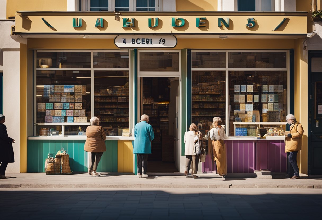 Uma lotérica aberta em uma manhã ensolarada de domingo, com uma placa colorida e uma fila de clientes esperando para comprar bilhetes.