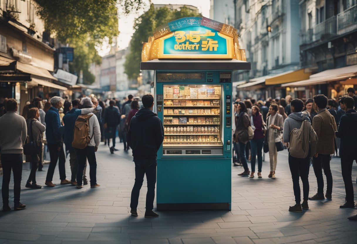 Uma rua movimentada com um quiosque de loteria bem iluminado aberto em um domingo, cercado por pessoas ansiosas comprando bilhetes e conferindo seus números.