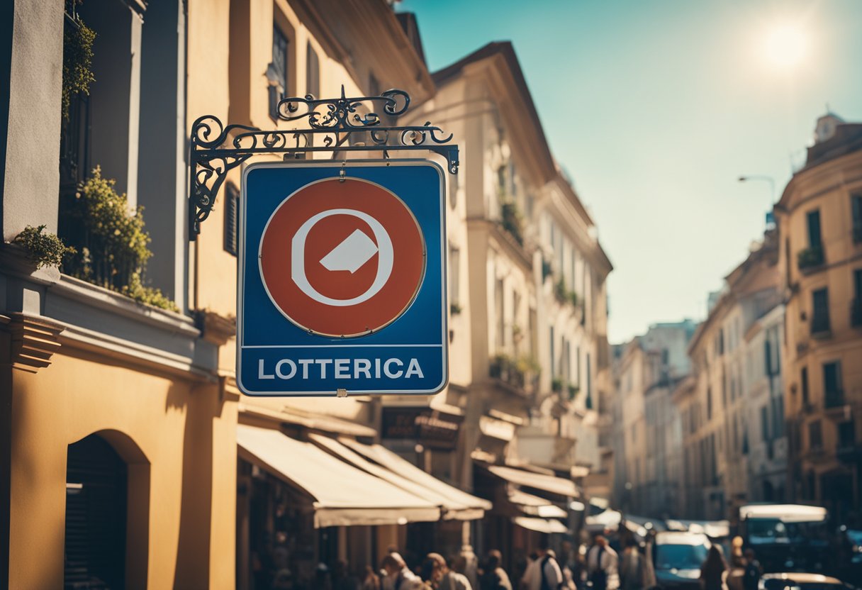 Uma rua colorida e movimentada com um brilhante letreiro "Loterica", aberta em um ensolarado domingo