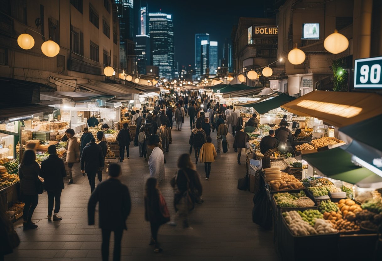 Um pequeno mercado aberto situado entre os edifícios da cidade à noite. Placas iluminadas e uma atividade agitada indicam que está aberto para negócios.