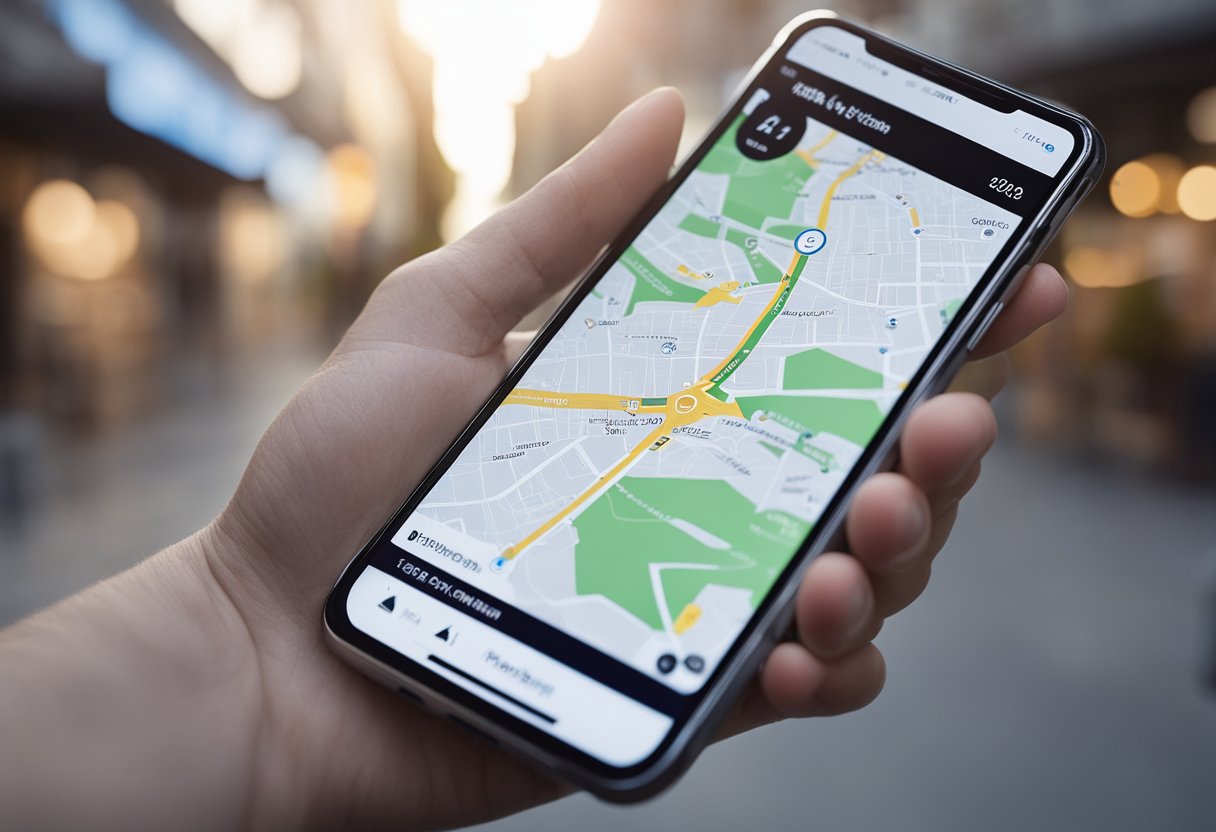 Uma pessoa segurando um smartphone, com um aplicativo de mapa aberto mostrando lojas de conveniência próximas que estão abertas. A tela exibe várias opções com suas distâncias e horários de funcionamento.