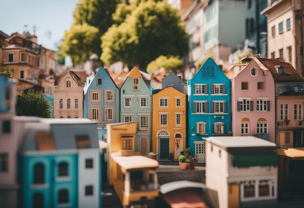 Um pequeno bairro com edifícios coloridos, ruas estreitas e algumas barracas de mercado abertas