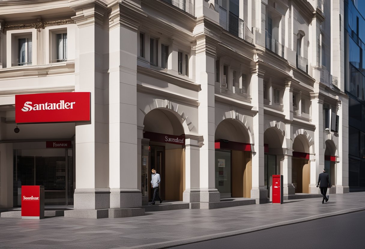 Uma pessoa caminhando em direção a uma agência do Santander nas proximidades, com uma placa clara e um logotipo reconhecível exibido na fachada do prédio