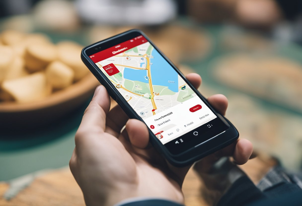 Uma pessoa usando um smartphone para procurar a filial do banco Santander mais próxima em um aplicativo de mapas