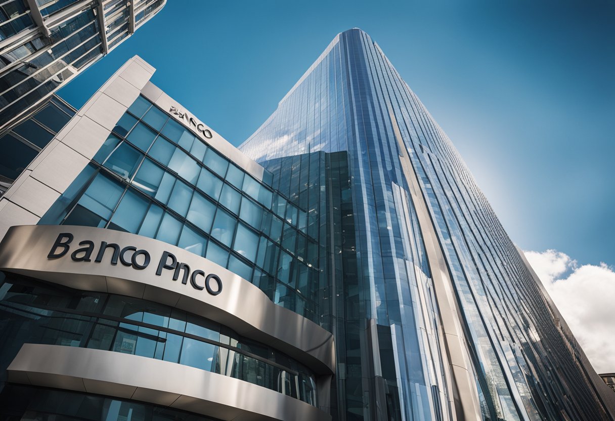 Um moderno e elegante edifício bancário se ergue alto contra um céu azul claro, com o logo do Banco Inter exibido de forma proeminente.