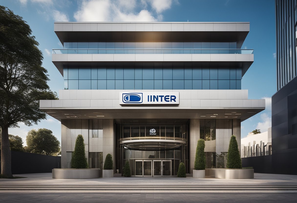Um prédio moderno e elegante com o logotipo do Banco Inter exibido de forma proeminente na entrada. A área ao redor é limpa e bem cuidada.