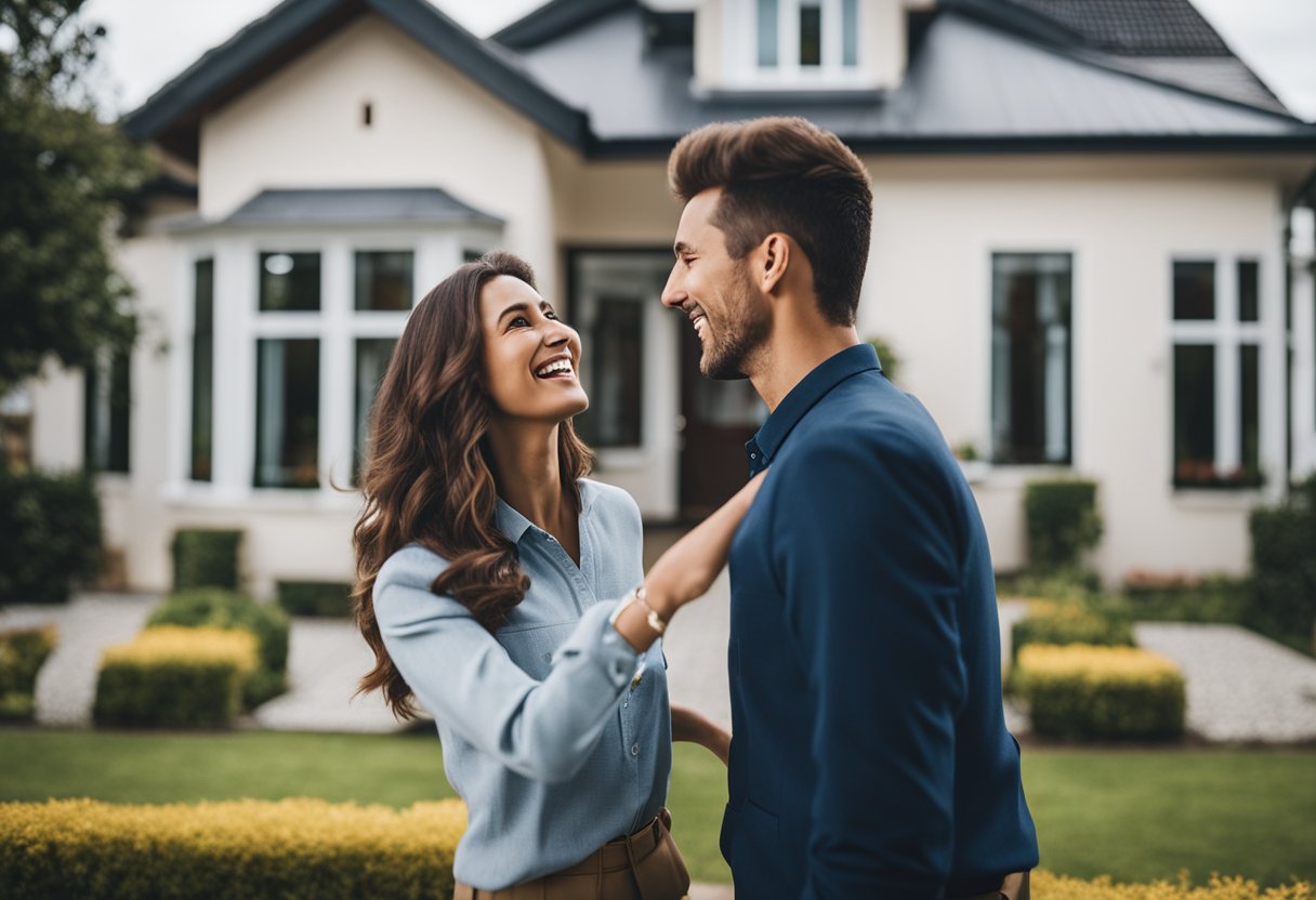 Um casal celebrando em frente a uma casa recém-adquirida com um logotipo proeminente do banco Itaú
