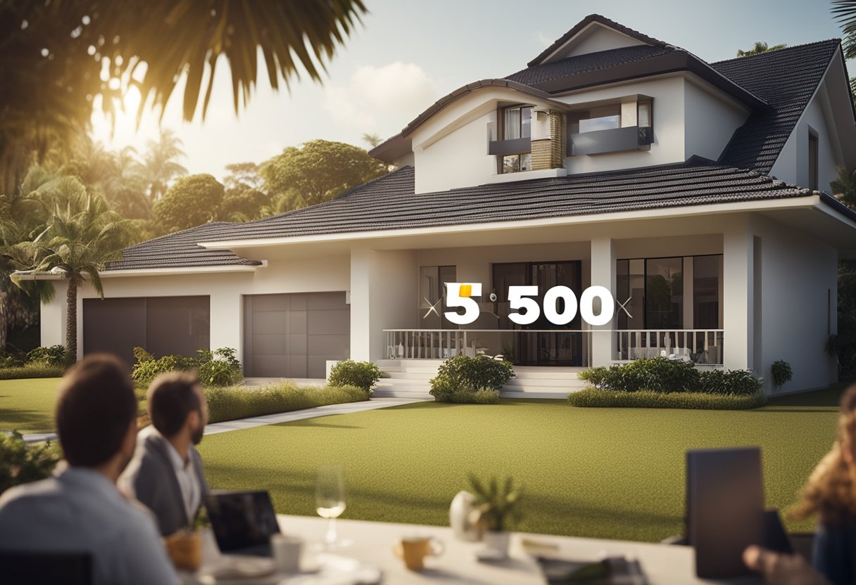 Uma casa com o logo do Itaú e um destaque de "50% de desconto", cercada por proprietários felizes e corretores de imóveis
