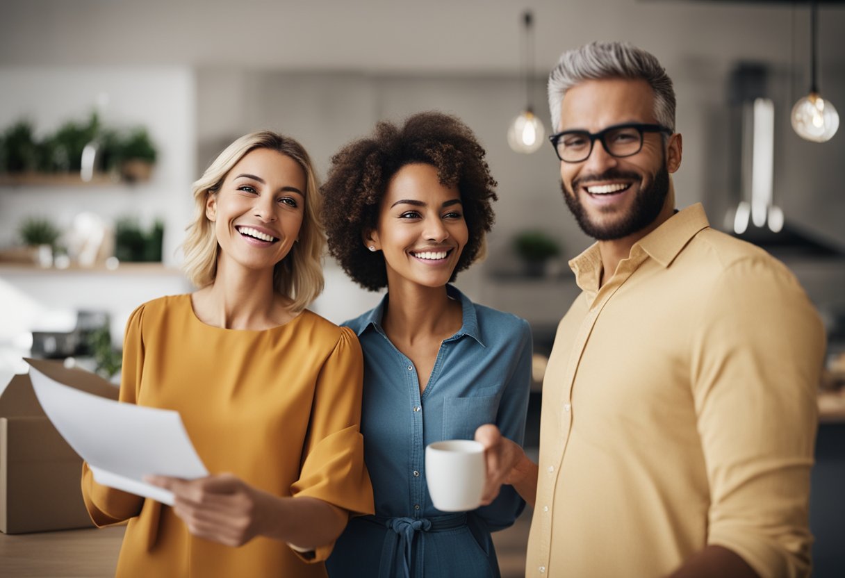 Um casal celebrando com um corretor de imóveis após receber um voucher de desconto do banco Itaú para a compra de sua nova casa.