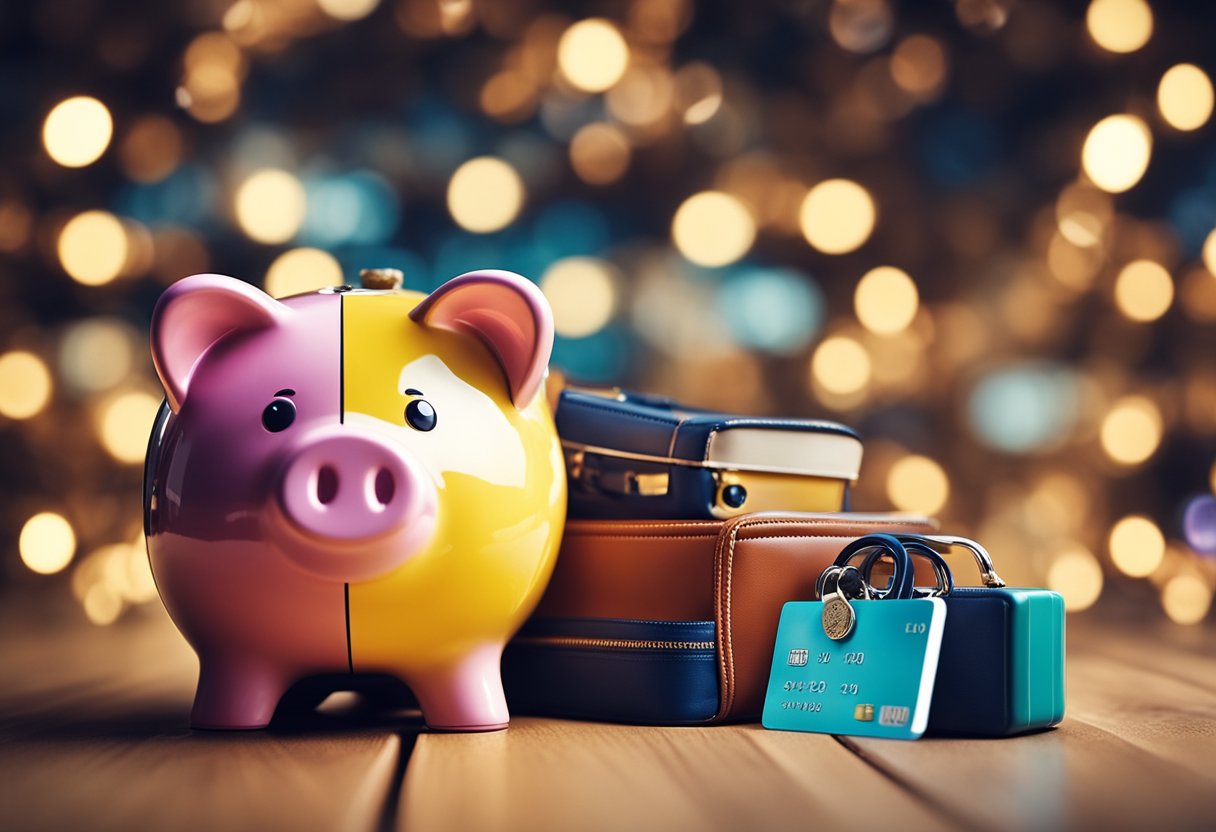 Um cofre colorido cercado por vários itens que representam diferentes maneiras de acumular pontos, como um cartão de crédito, uma sacola de compras e uma mala de viagem.