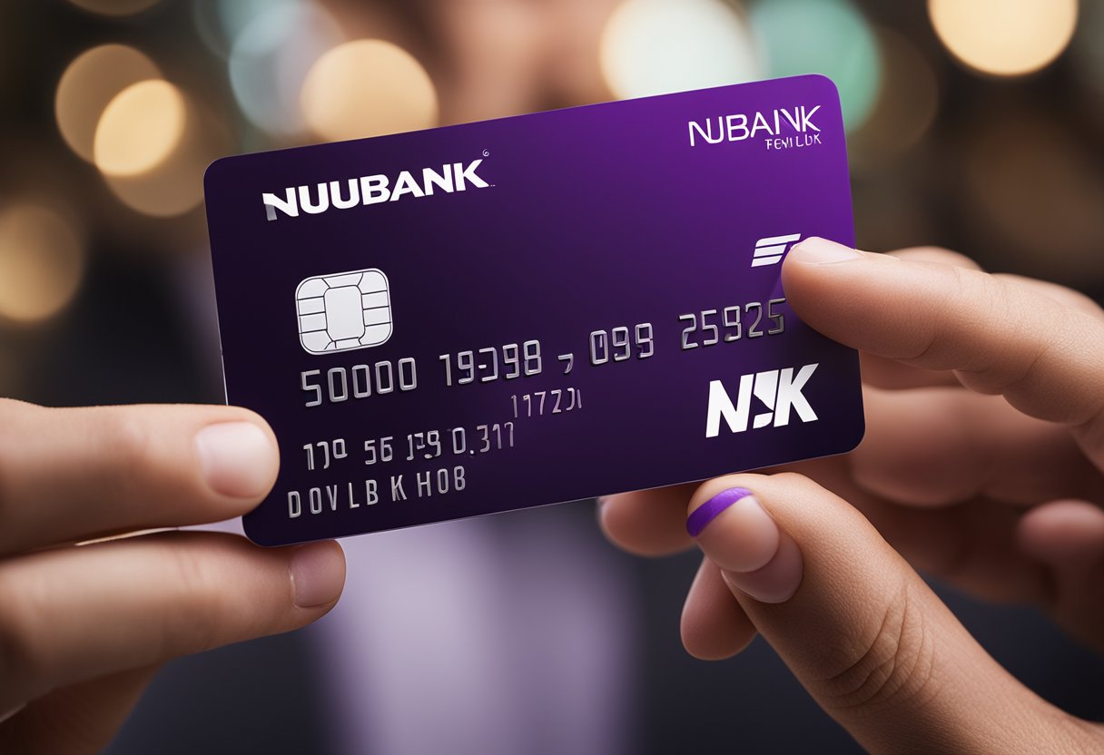 Uma pessoa segurando um cartão de crédito Nubank com o logo do FGC ao fundo