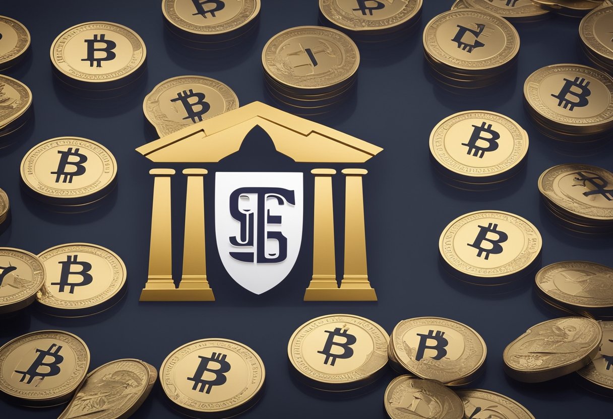 Um logo de banco cercado por um escudo com um saco de dinheiro dentro, simbolizando o Fundo Garantidor de Créditos (FGC) e o Nubank.