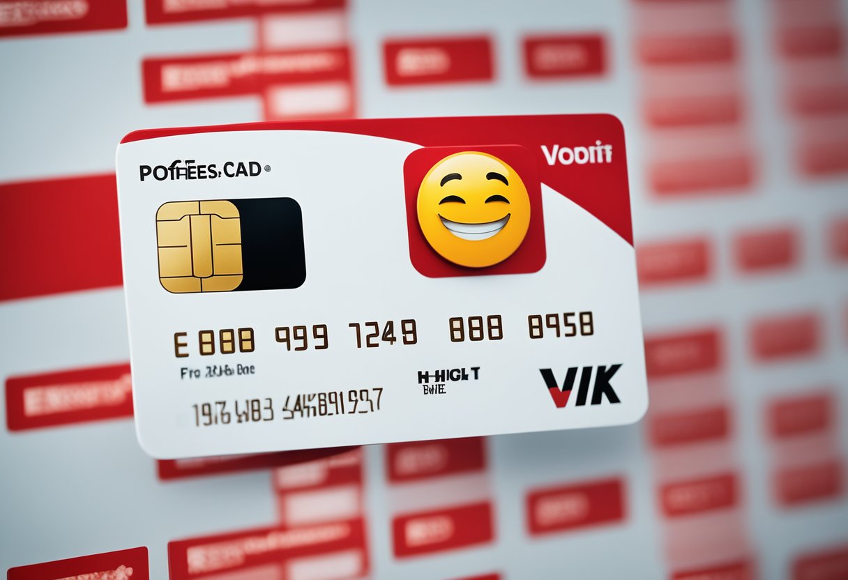 Um cartão de crédito com uma notificação vermelha de "limite excedido", ao lado de um emoji de rosto triste