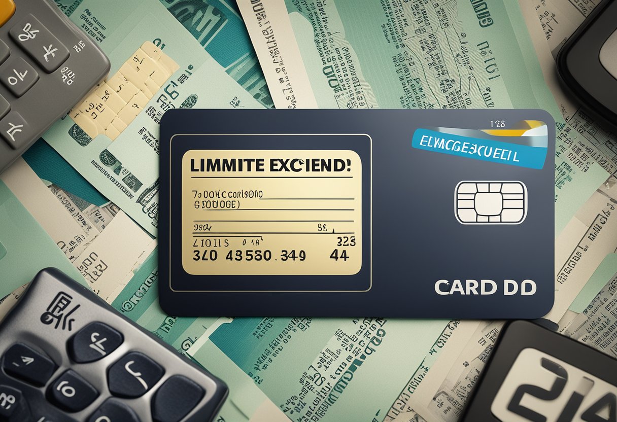Um cartão de crédito com uma mensagem "Limite Excedido", cercado por documentos financeiros frustrados e uma calculadora