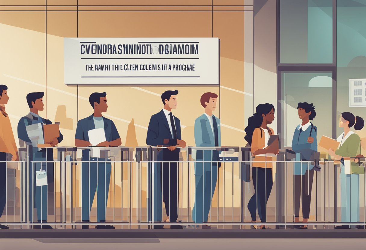 Um grupo de pessoas em fila em um escritório do governo, com placas e faixas promovendo o programa "Nome Limpo"