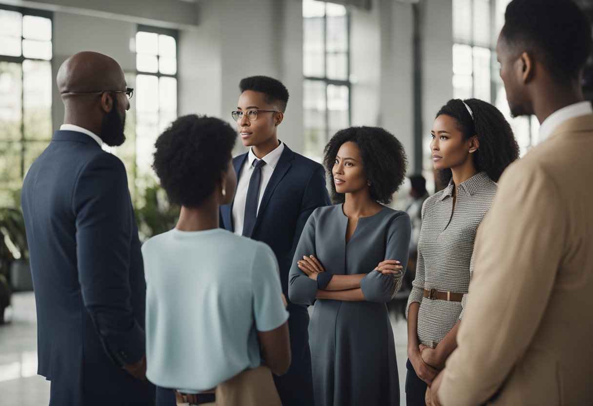 Um grupo de pessoas se reúne em torno de um funcionário do governo, ouvindo atentamente enquanto ele explica os passos para participar do programa de assistência para limpar o nome.