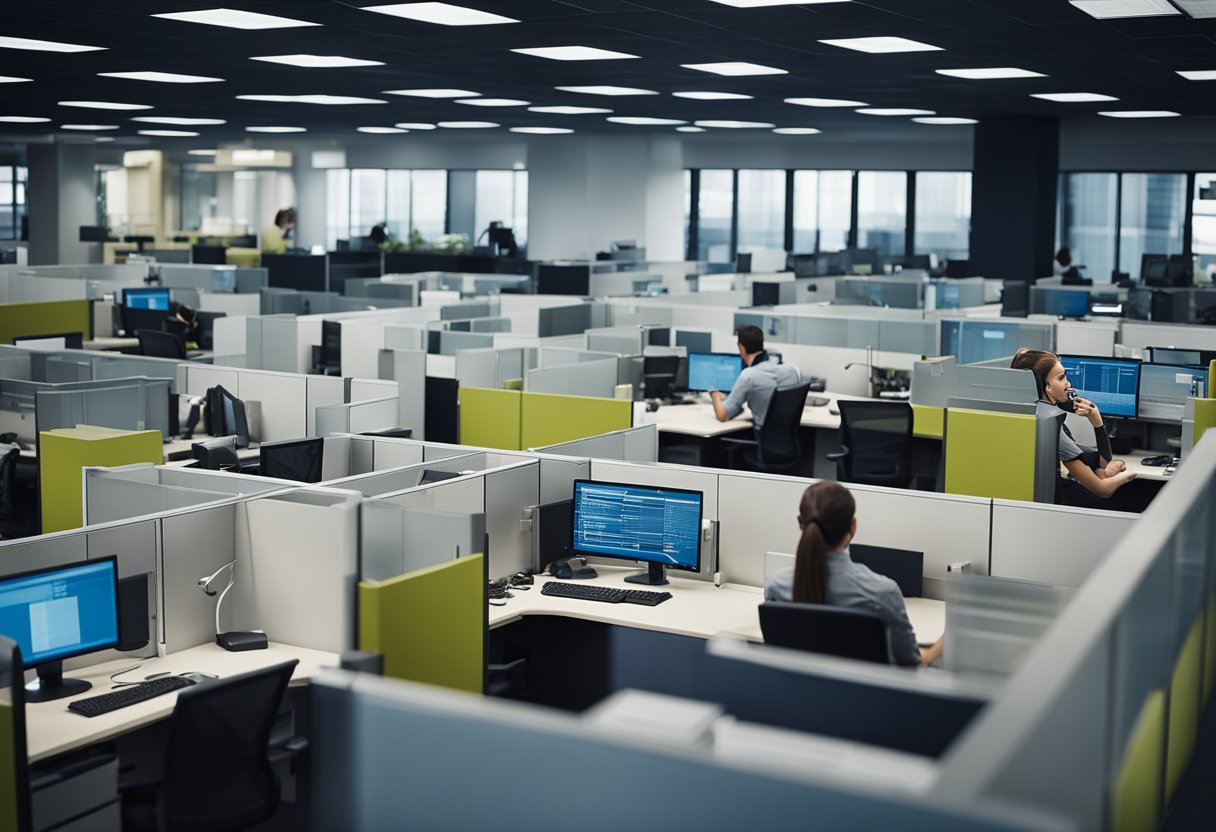 Um call center movimentado com funcionários atendendo telefones e trabalhando em suas mesas