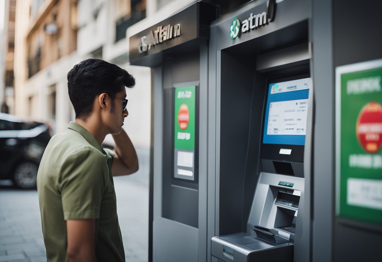 Uma pessoa em pé na frente de um caixa eletrônico, digitando a senha errada três vezes, com uma expressão frustrada.