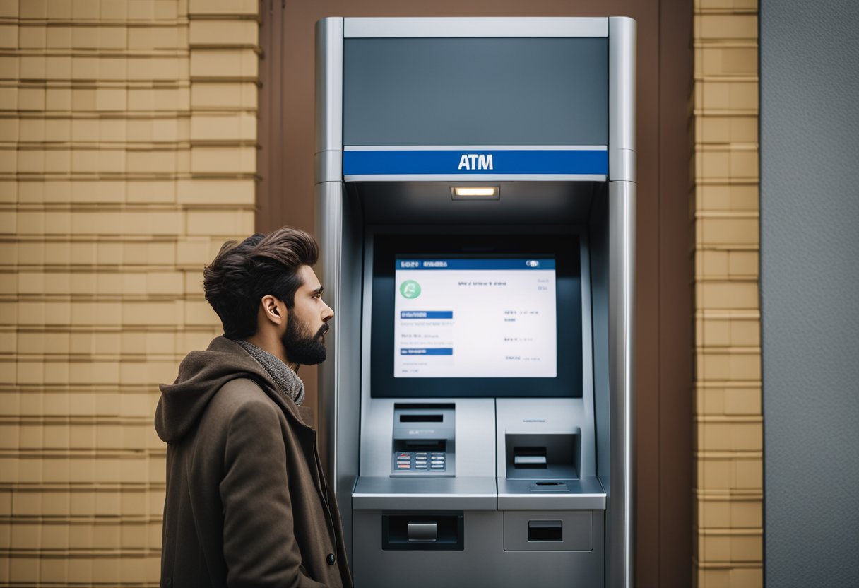 Uma pessoa em pé na frente de um caixa eletrônico, parecendo frustrada após inserir seu PIN três vezes sem sucesso.