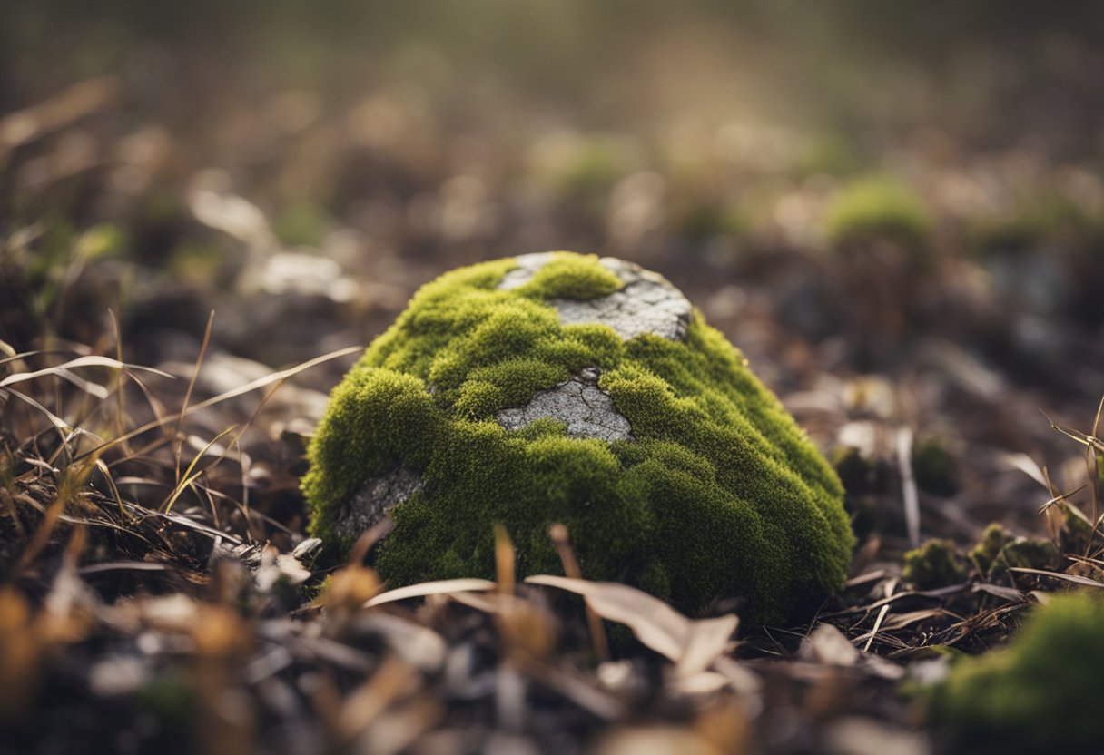 Uma pedra solitária se ergue em meio a um campo, rachada e desgastada, com musgo crescendo ao longo de sua superfície.