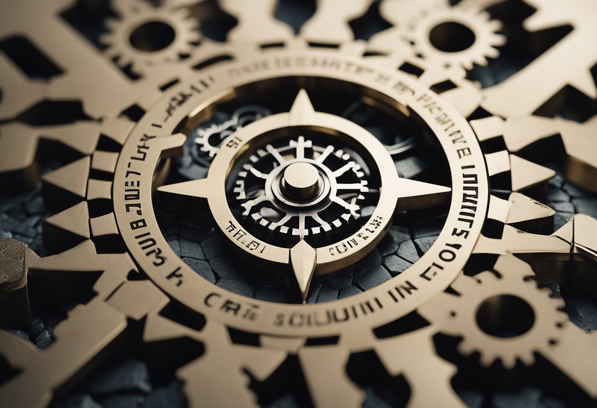 Uma pedra com uma fenda passando por ela, cercada por uma série de engrenagens interconectadas e setas apontando para uma solução