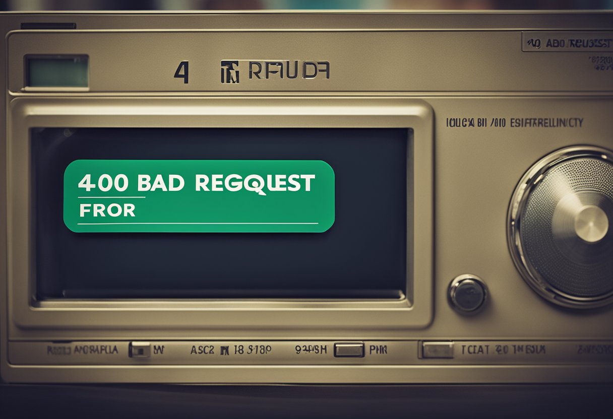 Uma pessoa olhando frustradamente para a tela de um computador com uma mensagem de erro "400 Bad Request" enquanto segura um cartão "Caixa Tem".