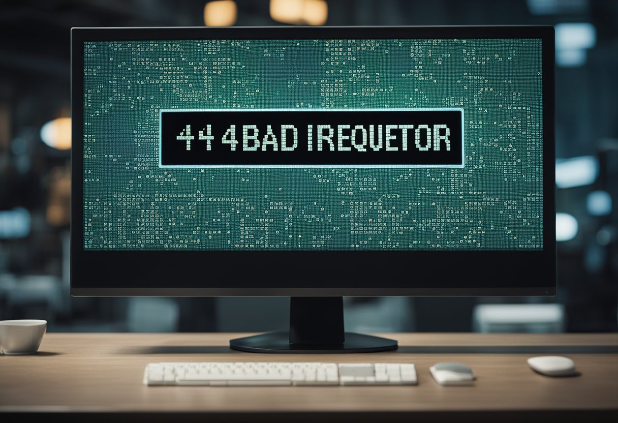 Uma tela de computador exibindo uma mensagem de erro "400 Bad Request" com uma expressão perplexa no rosto de uma pessoa